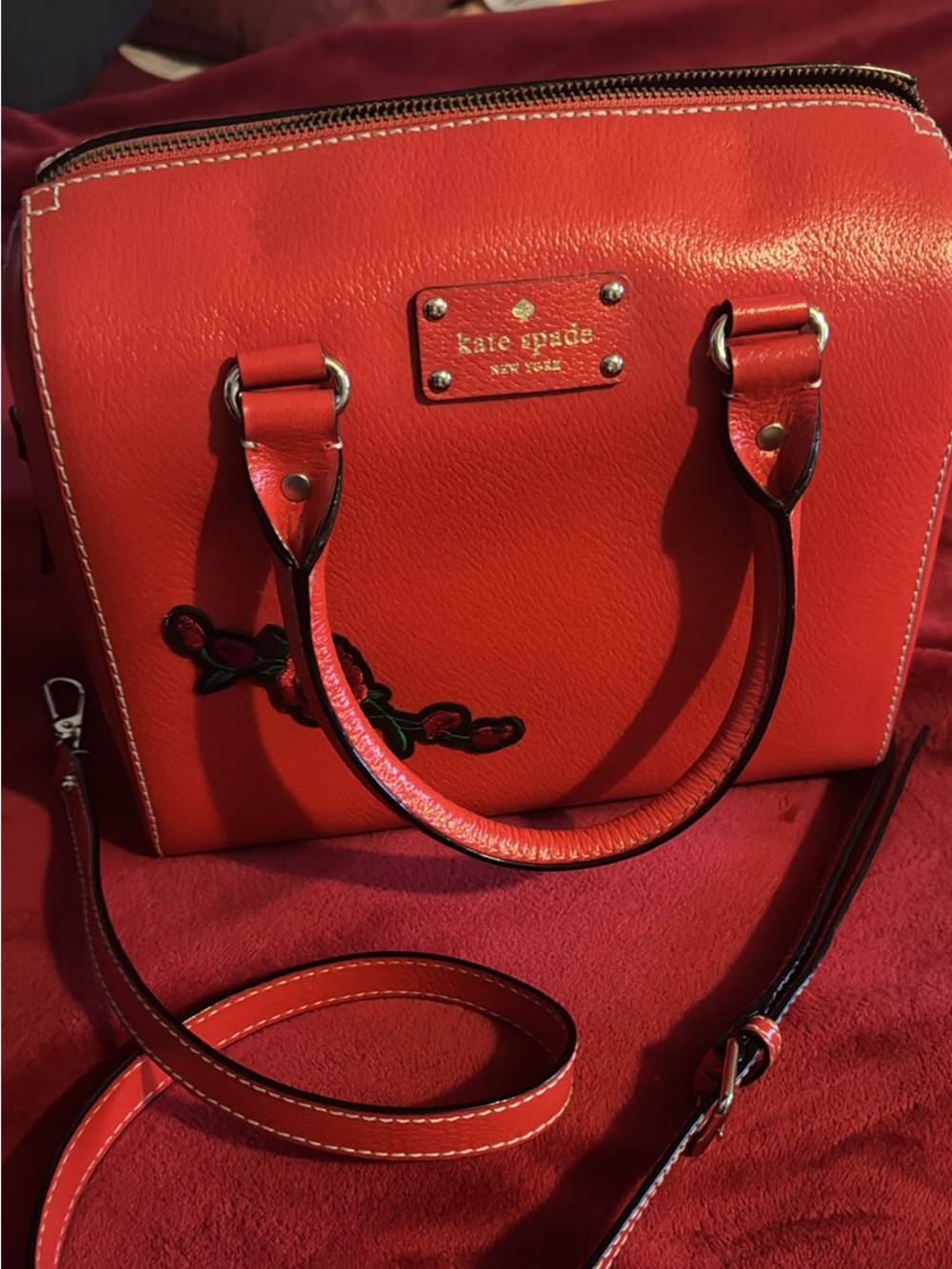 kate spade red leather Satchel with Cherry Patch